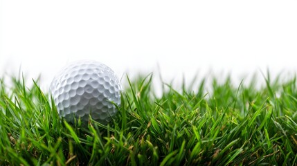 Fototapeta premium Golf ball resting on lush green grass with a white background behind