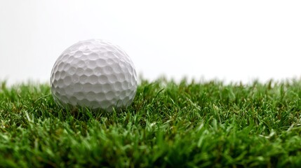 Fototapeta premium Golf ball resting on lush green grass with a white background behind