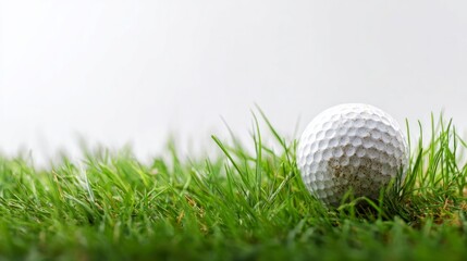 Fototapeta premium Golf ball resting on lush green grass with a white background behind