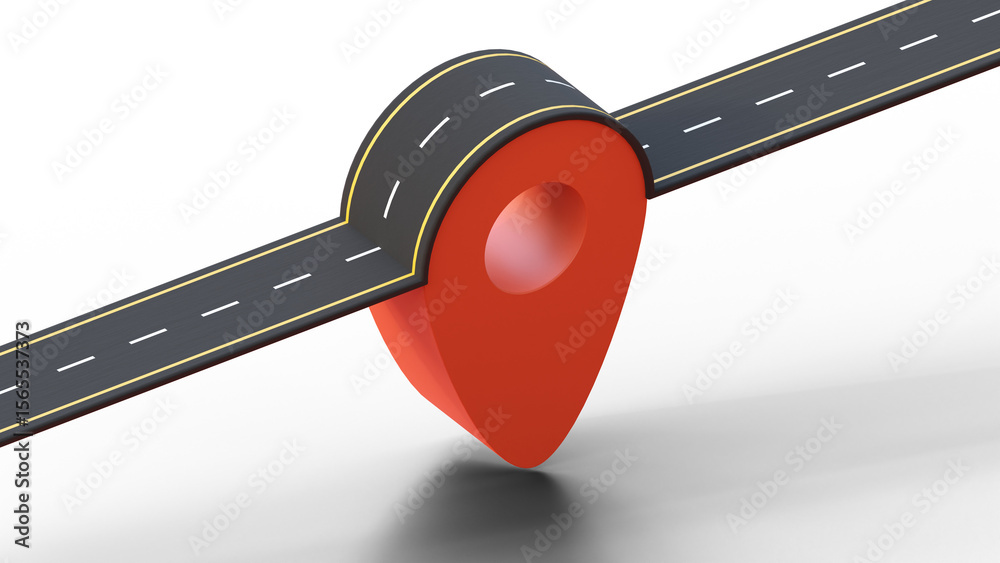 Poster asphalt road with map pointer on a isolated background. road on the red map pin. concept of logistic