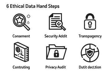 Six ethical data hand steps icons isolated on white background