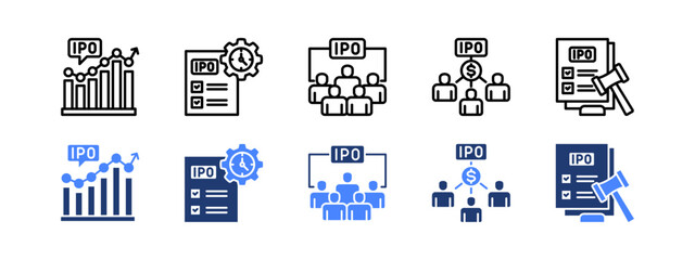 Initial Public Offering icon set. with tock market, Preparation, Participant, Shareholders, Regulations.