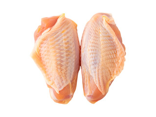 Two raw chicken wings with visible skin texture against meat poultry