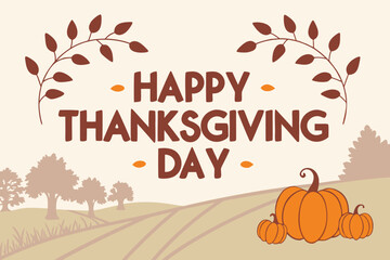 Happy Thanksgiving Day greeting with pumpkins and autumn landscape