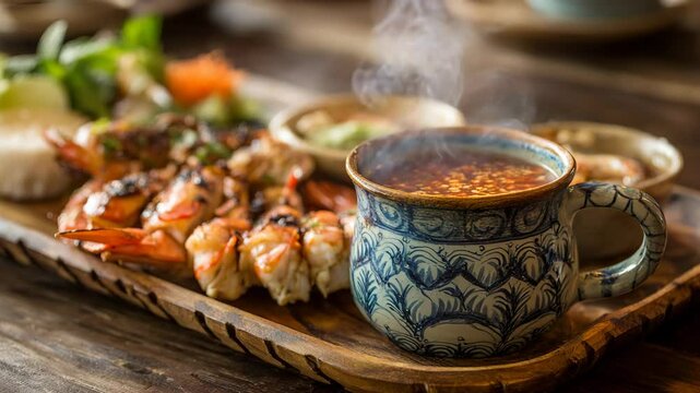 Grilled shrimp on wooden tray with steaming dipping sauce in blue and white patterned mug. Warm lighting, rustic setting.