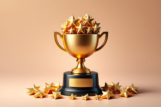 Gold trophy overflowing with stars; achievement, success, and excellence concept; 3D render.