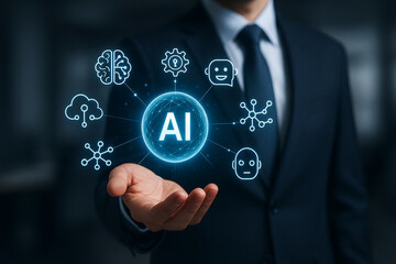 Professional Businessman Presenting Futuristic AI Hologram Interface with Smart Technology Icons in High-Tech Corporate Environment for Innovation Branding