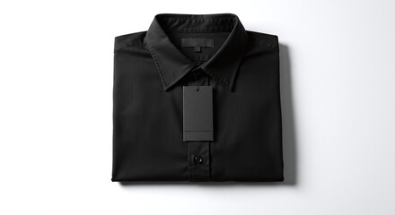 Folded black shirt with a tag on white