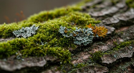 Lush green moss and lichen thrive on textured bark, showcasing nature's intricate details and vibrant colors