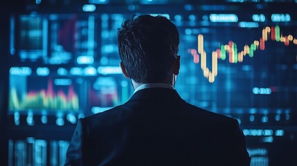Businessman in a suit analyzing financial data and charts on a wall of screens photo