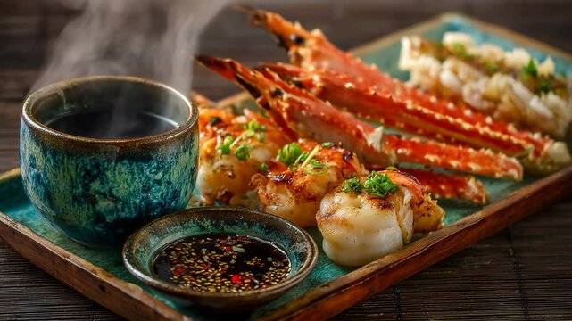 Steaming seafood platter with grilled crab legs, shrimp, and a dipping sauce on a rustic wooden table. Teal ceramic dishes add a pop of color.