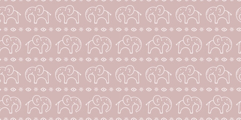 Seamless pattern with hand-drawn elephants, eyes, and sun symbols in a dusty mauve color. Ethnic, tribal-inspired design, perfect for textiles, wallpapers, or digital backgrounds