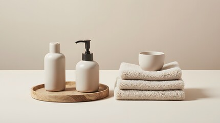 Beautifully arranged natural skincare products with towels and a bowl on a minimalist background in a tranquil setting