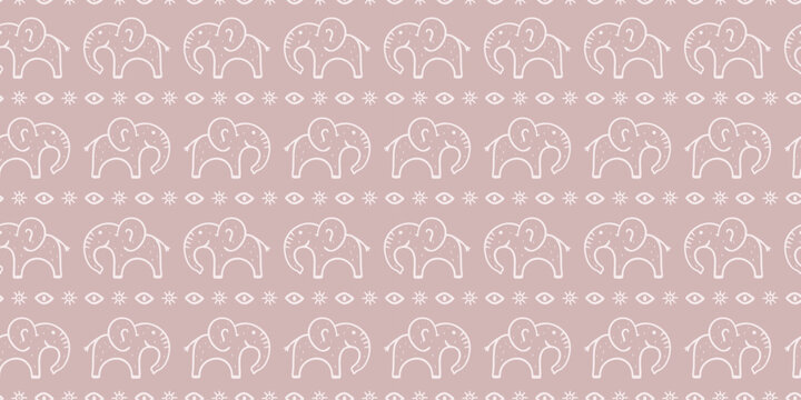 Seamless pattern with hand-drawn elephants, eyes, and sun symbols in a dusty mauve color. Ethnic, tribal-inspired design, perfect for textiles, wallpapers, or digital backgrounds