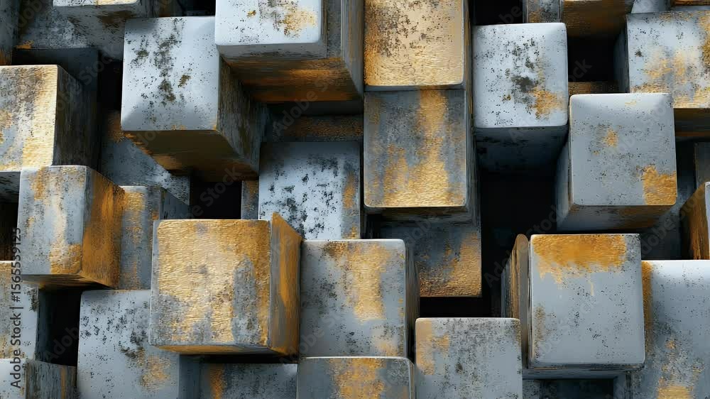 Poster abstract close-up of geometric cubes with a textured metallic surface and golden accents. artistic c