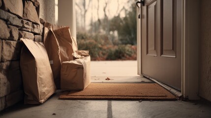 Packages dropped off on a doormat by the entrance door