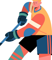 Vector illustration of ice hockey, flat hand-drawn graphic design, athletes are playing ice hockey, field hockey, having a happy, healthy competition