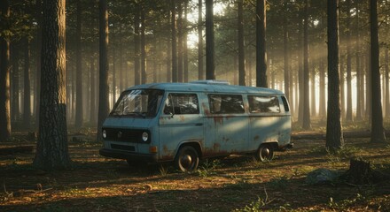 Aged van parked in misty forest