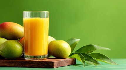 Fototapeta premium Refreshing mango juice in a glass alongside fruit on a green background. Text placeholder