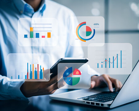 An analyst uses a computer and dashboard for data business analysis and Data Management System with KPI and metrics connected to the database for technology finance, operations