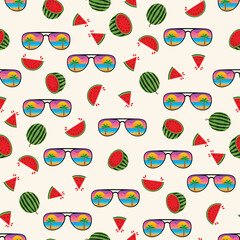 Summer seamless pattern. Beach glasses, palm tree and watermelon slices seamless hand drawn vector background for fabric print, scrapbook and decoration