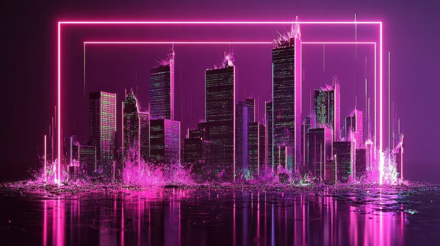 Futuristic cityscape with neon lights and digital effects. - Powered by Adobe