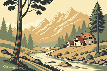 Stylized mountain village with winding river and evergreen trees