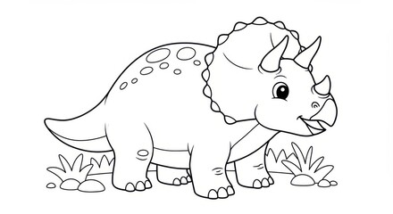 Fototapeta premium Adorable cartoon Triceratops, outlined for coloring, amidst simple grassy surroundings