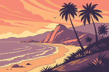 Obraz premium Tropical beach with palm trees at sunset ocean 1