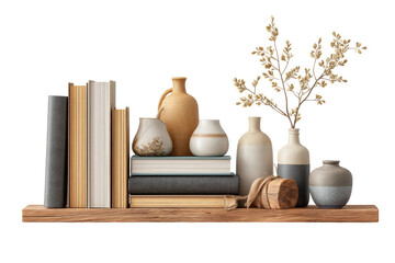 PNG Minimalist shelf display with vases, books, and wooden elements for home decor