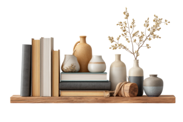 PNG Minimalist shelf display with vases, books, and wooden elements for home decor