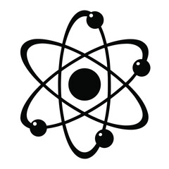 Black and white atom model shows electron orbit with central nucleus, transparent background