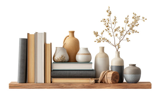 PNG Minimalist shelf display with vases, books, and wooden elements for home decor