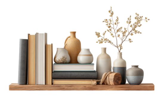 PNG Minimalist shelf display with vases, books, and wooden elements for home decor