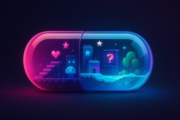 pill bottle with nighttime scene inside it, featuring stars, buildings, trees, and question mark.