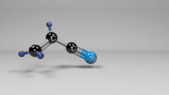 Acrylonitrile molecule. Molecular structure of toxic organic compound used in polymer and synthetic fiber production. 3D ball-and-stick model.