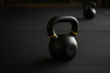 black kettlebell with yellow handles on dark surface.