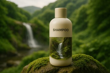 bottle of shampoo with picture of waterfall on it, sitting on rock in woods.