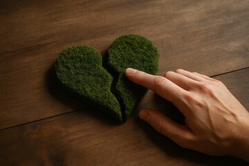 hand touching two broken heart-shaped plants on table, symbolizing emotional distress or love lost.