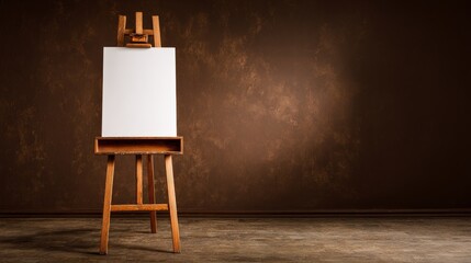 Wooden easel holding a blank signboard against a brown backdrop