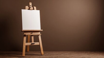 Wooden easel holding a blank signboard against a brown backdrop
