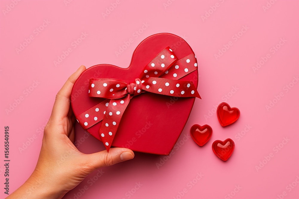 Poster hand holding red heart-shaped box of chocolates with bow on top, surrounded by three smaller hearts.
