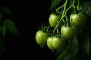 bunch of green tomatoes hanging from vine, covered in dew drops.