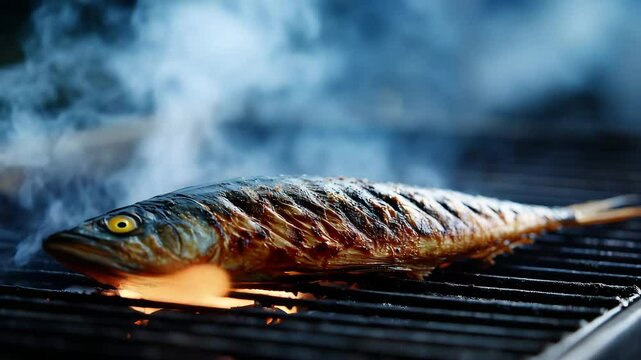 Close up shot of a grilled fish on a barbecue grill with flames and smoke. The fish is cooked to perfection with a caramelized exterior. The dark blue background enhances the smoky atmosphere.