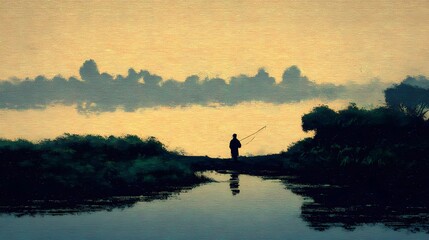 Outdoor scene of a solitary man fishing by the river, immersed in calm, unhurried surroundings.