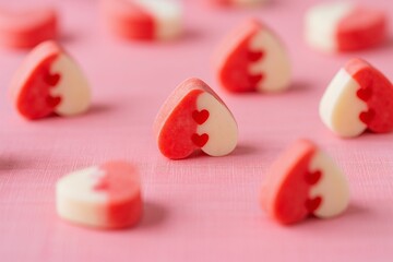 Red heart-shaped candies with white hearts in center.