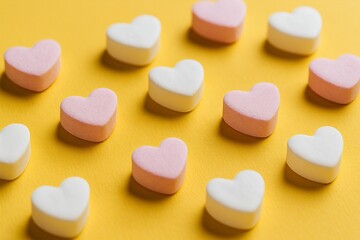 collection of heart-shaped candies in various colors on yellow background.