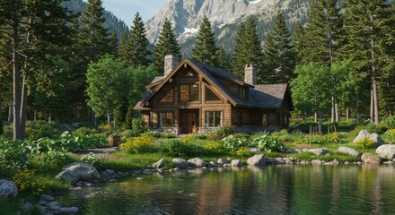 Cozy log cabin nestled by a serene lake in a tranquil mountain forest