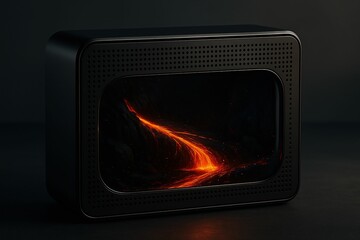 black speaker with red flame design on screen.