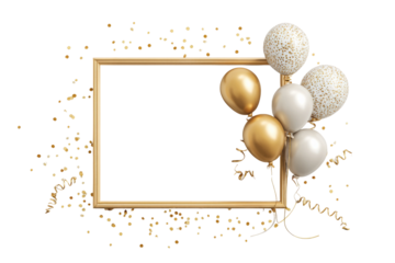 PNG Empty gold frame with balloons and confetti on black background